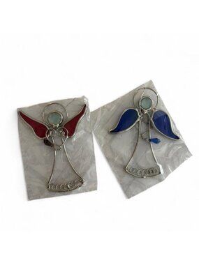 Bundle of two vintage Stained glass angel ornaments with red/blue wings